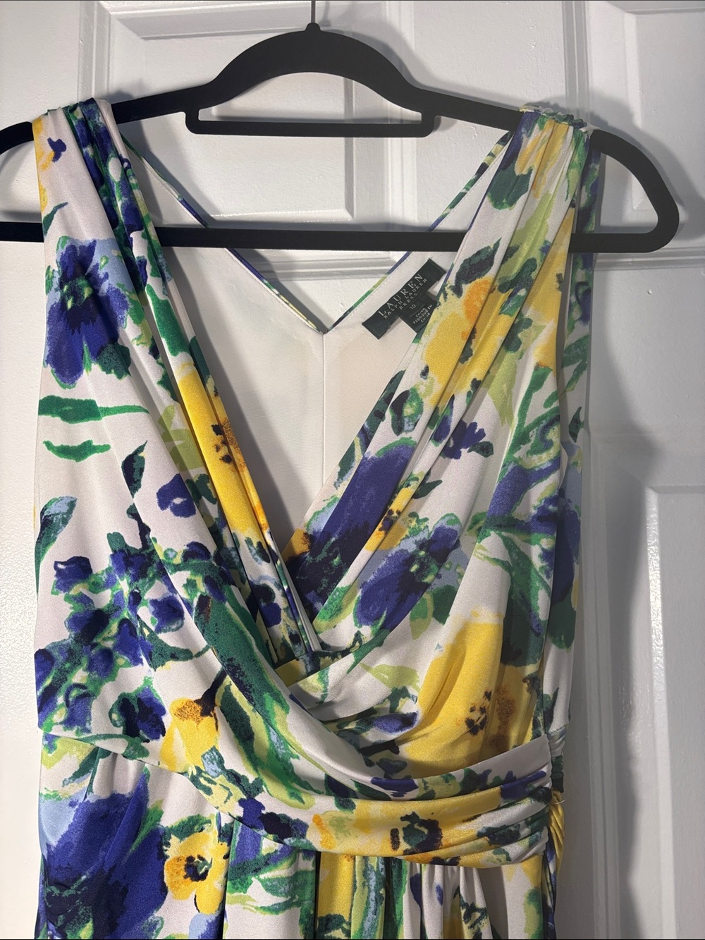 Floral V-Neck Sleeveless Dress - White with Yellow & Blue - Picture 2 of 6